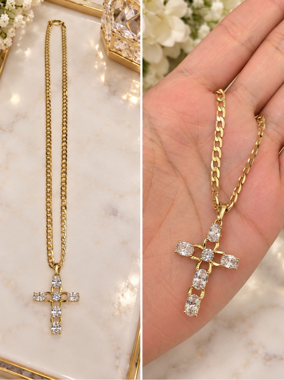 Gold plated Cross Pendant Necklace with Clear Stones - Women's Jewelry
